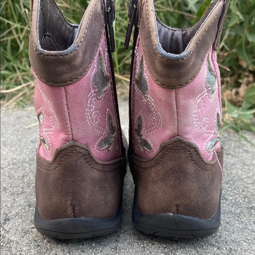 Pink and Brown Kids Cowboy Boots Cowgirl Western boot with Silver Butterfly’s - Picture 5 of 12